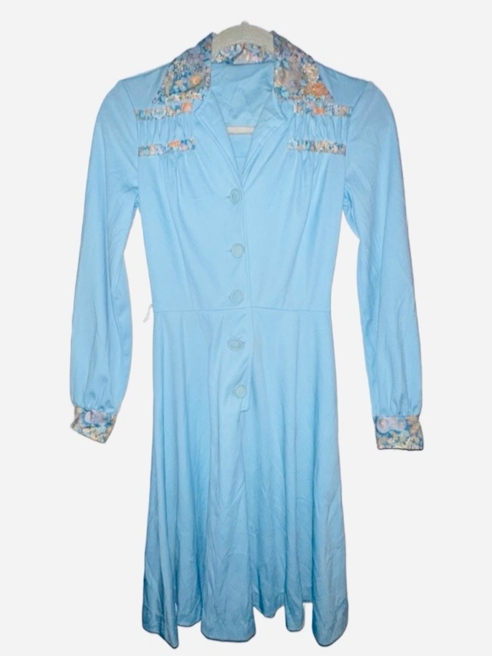 Handmade Vintage 1970s Baby Blue Floral Prairie Dress Boho Cottagecore Midi Dres
